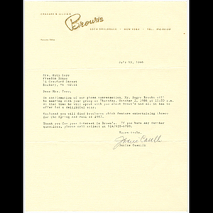 Letter from Janice Caselli to Ruth Gore concerning Roxbury Goldenaires stay at Brown's Hotel