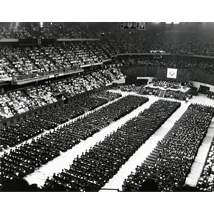 Aerial of the graduates and stage at the commencement ceremony, June 14, 1964