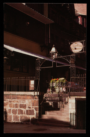 Postcard, Café Marliave, over ye olde Province steps, 10 Bosworth Street, Boston, Mass., color photo, Rick Ashton, published by Bromley & Company, Inc. Boston, Mass.