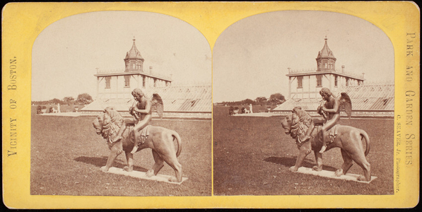 Stereograph of winged figure seated on a lion, Ridge Hill Farms, Baker Estate, Wellesley, Mass.