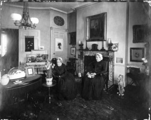 Double portrait of Misses Frances Greely Stevenson and Martha Curtis Stevenson, sitting in chairs, looking left, 32 Mount Vernon St., Boston, Mass., ca. 1895