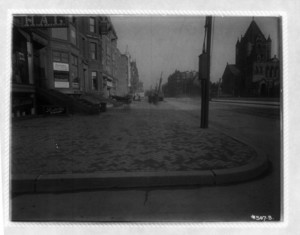 Sidewalk corner Dartmouth Street, north side looking east, Boston, Mass.