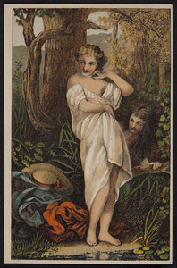 Sample card of two women in the woods, location unknown, undated
