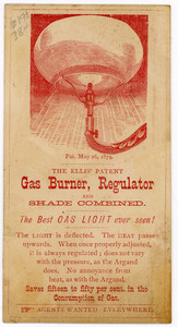 Trade card for Ellis' Patent Gas Burner, Regulator, and Shade Combined, Ellis, Dinsmore & York, proprietors and manufacturers, 349 Washington Street, Boston, Mass., undated