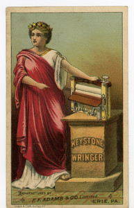 Trade card for the Keystone Wringer, manufactured by F.F. Adams & Co., Erie, Pa. and sold by the Keystone Installment Co., Albany, N.Y., undated