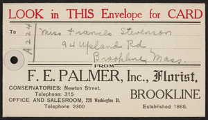 Envelope for F.E. Palmer, Inc., florist, Brookline, Mass., undated
