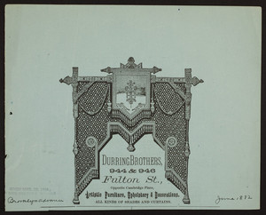 Advertisement for Durring Brothers, artistic furniture, upholstery, & decorations, 944 & 946 Fulton Street, opposite Cambridge Place, Brooklyn, New York, June 1882