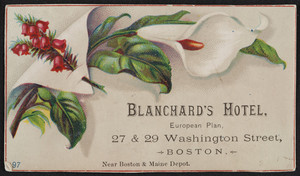 Trade card for Blanchard's Hotel, 27 & 29 Washington Street, Boston, Mass., undated