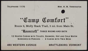 Trade card for Camp Comfort, cabins, 480 Western Avenue, Brattleboro, Vermont, undated