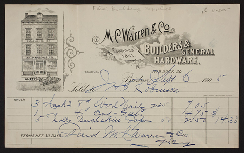 Billhead for M.C. Warren & Co., builders & general hardware, No. 9 Dock Square, Boston, Mass., dated September 6, 1905
