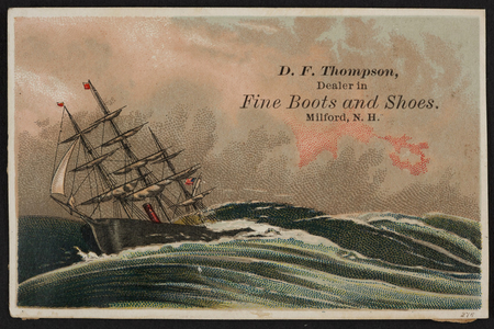 Trade card for D.F. Thompson, fine boots and shoes, Milford, New Hampshire, undated