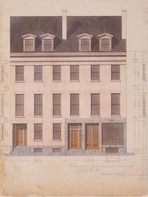 Front elevation and front wall sections of unidentified townhouses and store, designed by Charles Roath, location unknown, 1846