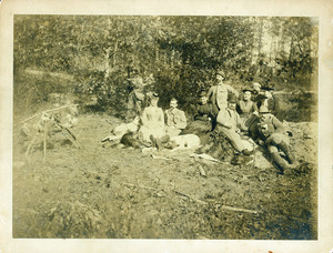 Group portrait of the Bowen family shooting party, facing front, location unknown