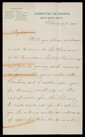 Justin S. Morrill to Thomas Lincoln Casey, February 4, 1889