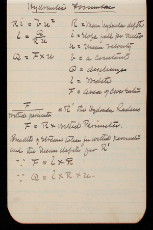 Thomas Lincoln Casey Notebook, Professional Memorandum, 1889-1892, undated, 05, Hydraulic Formulas