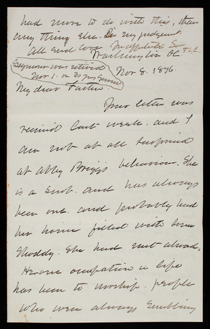 Thomas Lincoln Casey to General Silas Casey, November 8, 1876