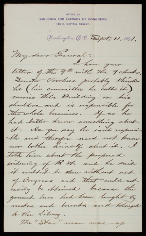 [Bernard R.] Green to Thomas Lincoln Casey, September 11, 1891