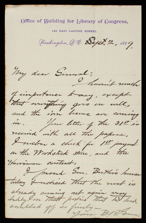 [Bernard ] R. Green to Thomas Lincoln Casey, September 2, 1889