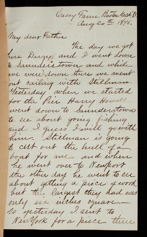 Harry Weir Casey to Thomas Lincoln Casey, August 20,1876