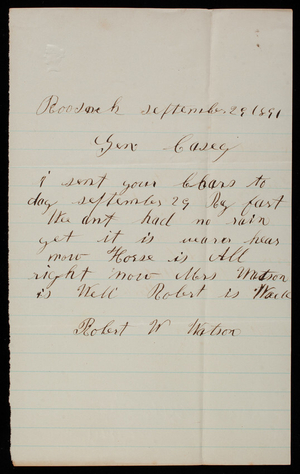 Robert W. Watson to Thomas Lincoln Casey, September 29, 1891