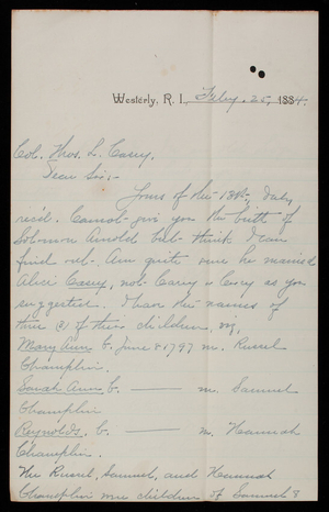 Albert R. Champlin to Thomas Lincoln Casey, February 25, 1884