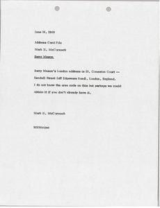 Memorandum from Mark H. McCormack to address card file