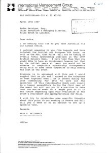 Fax from Mark H. McCormack to Andre Heiniger