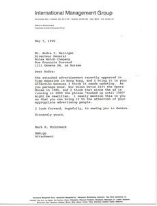 Letter from Mark H. McCormack to Andre J. Heiniger