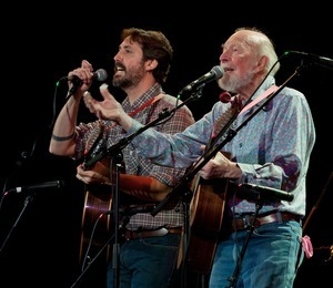 Pete Seeger: performing on stage with Tao Rodriguez-Seeger (left) at the Earth Day concert