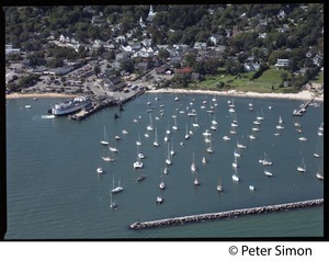 Aerial view of the harbor at Vineyard Haven, Marthas Vineyard, with the M/V Islander in the dock