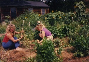 Janice Frey and Karen Guilette in the garden, Montague Farm Commune