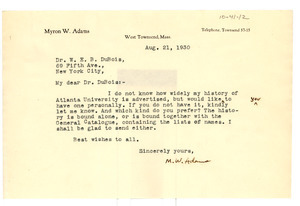 Letter from M. W. Adams to W. E. B. Du Bois