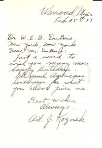 Letter from Art. J. Koznek to W. E. B. Du Bois