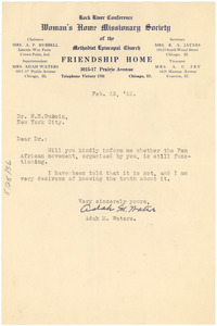 Letter from Adah M. Waters to W. E. B. Du Bois