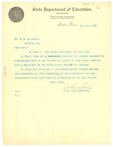 Letter from Texas State Dept. of Education to W. E. B. Du Bois