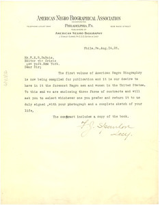 Letter from American Negro Biographical Association to W. E. B. Du Bois
