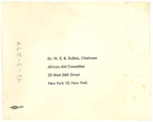 Reply card and envelope from unidentified correspondent to W. E. B. Du Bois