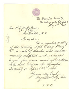 Letter from New York City College, Douglass Society to W. E. B. Du Bois