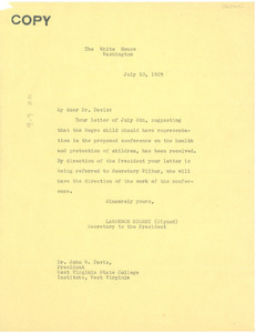 Letter from The White House to John W. Davis