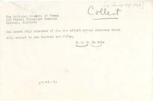 Telegram from W. E. B. Du Bois to National Council of Women