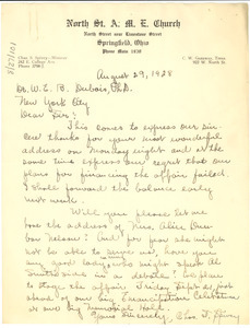 Letter from North St. A. M. E. Church to W. E. B. Du Bois