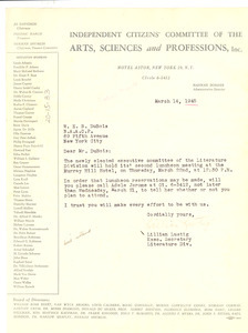 Letter from Independent Citizens' Committee of the Arts, Sciences, and Professions to W. E. B. Du Bois