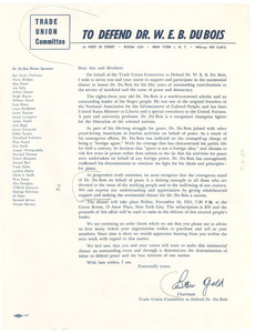 Circular letter from Trade Union Committee to Defend Dr. W. E. B. Du Bois to unidentified correspondent
