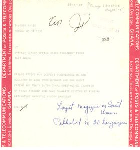 Telegram from Foreign Literature Magazine to Shirley Graham Du Bois