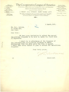 Letter from Co-operative League of America to W. E. B. Du Bois