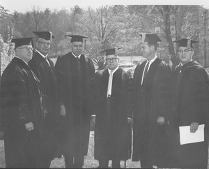 Charter Day: James Pollack, Charles Avila, Glenn Seaborg, George Meany, Governor Endicott Peabody, and President John W. Lederle outside Totman Gymnasium