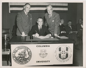 Charles Cooper, Joseph Campbell, and Bruce Barton at Columbia University and Presbyterian Hospital affiliation ceremony