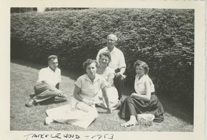 Bernice Kahn seated with unidentified friends on the lawn at Tanglewood
