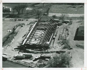 Aerial view of the Linkletter Natatorium construction site, 1966