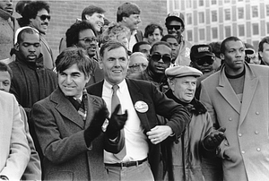 Governor Michael S. Dukakis, Mayor Raymond L. Flynn, former Speaker of the House Thomas McGee and New England Patriots player Stanley Morgan at celebration for New England Patriots 1985 team